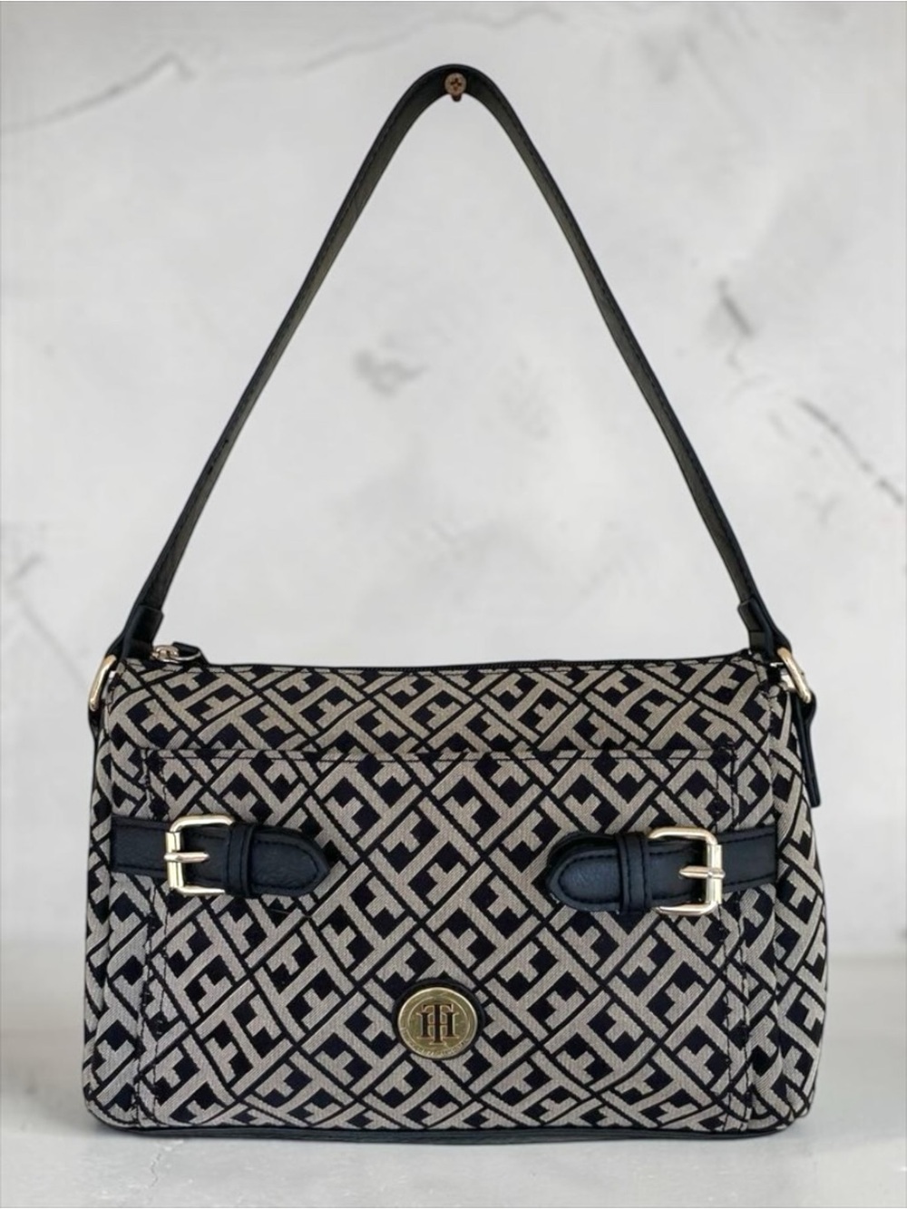 Tommy Hilfiger Y2K Monogram Jacquard Shoulder Bag Black Beige EUC